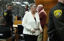 Jennifer Crumbley walks into the Oakland County courtroom of Judge Cheryl Matthews before being found guilty on four counts of involuntary manslaughter on Tuesday, Feb. 6.