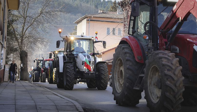 Une manifestation près de la ville de Breznik, en Bulgarie, mardi 6 février 2024.