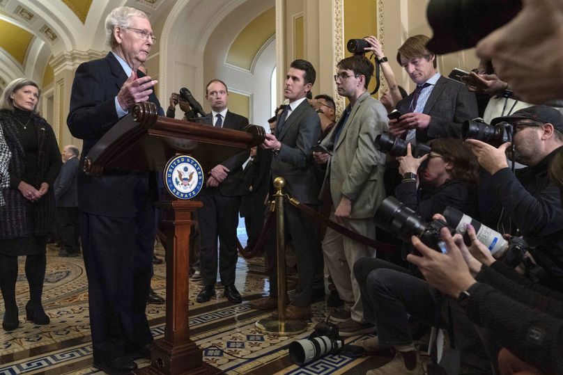 Senate Minority Leader Mitch McConnell, R-Ky., speaks during a news conference on border security, following the Senate policy luncheon at the Capitol in Washington, Tuesday.
