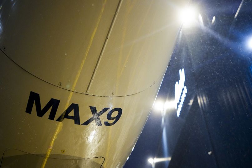 An Alaska Airlines Boeing 737 Max 9 aircraft awaits inspection outside the airline's hangar at Seattle-Tacoma International Airport, January 2024