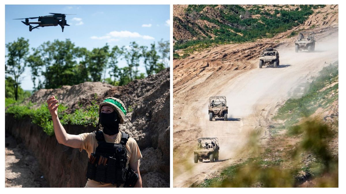 خودروهای نظامی اسرائیلی در نوار غزه (راست) و یک سرباز اوکراینی با یک پهپاد در سنگرهای اوکراین علیه روسیه (چپ)