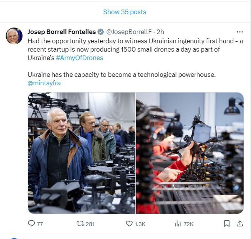توئیت جوزپ بورل از بازدید از شرکت استارتاپ تولید پهپاد در اوکراین ، آقای بورل این توئیت را پاک کرد
