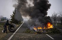 Agricultores colocan barricadas y queman neumáticos tras bloquear una carretera durante una protesta cerca de Mollerussa, Lérida, el martes 6 de febrero de 2024.