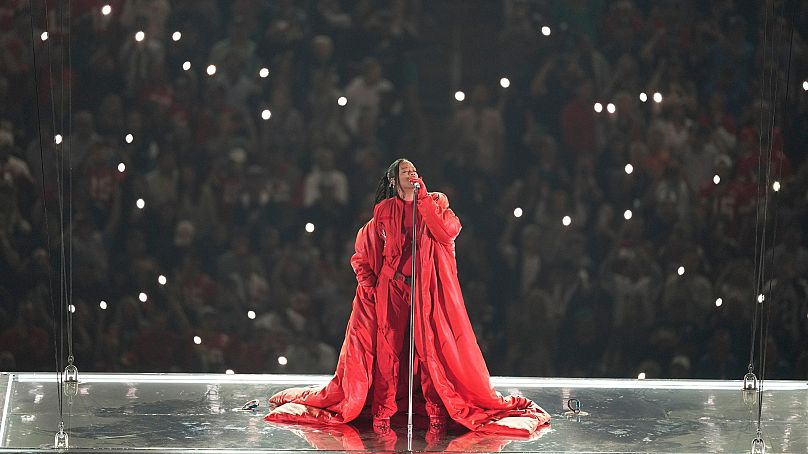 Rihanna performs during the halftime show at the NFL Super Bowl 57 football game between the Kansas City Chiefs and the Philadelphia Eagles on Feb. 12, 2023