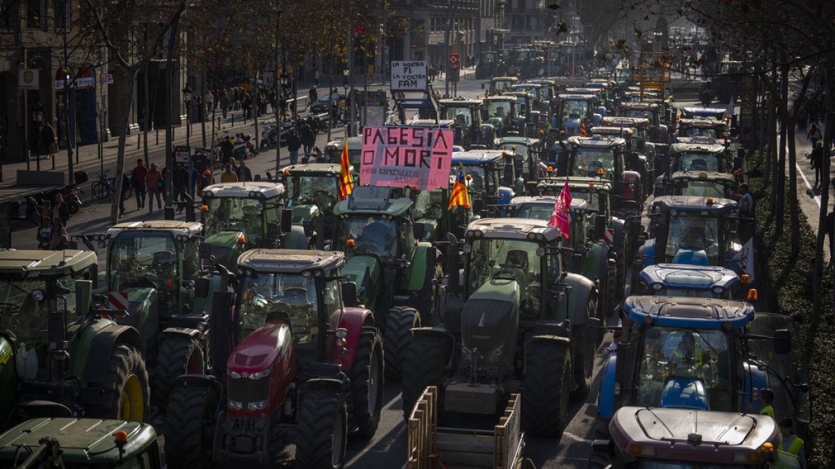 Çiftçiler, 7 Şubat 2024 Çarşamba günü İspanya'nın Barselona kentinde düzenlenen bir protesto sırasında traktörlerini sürdü
