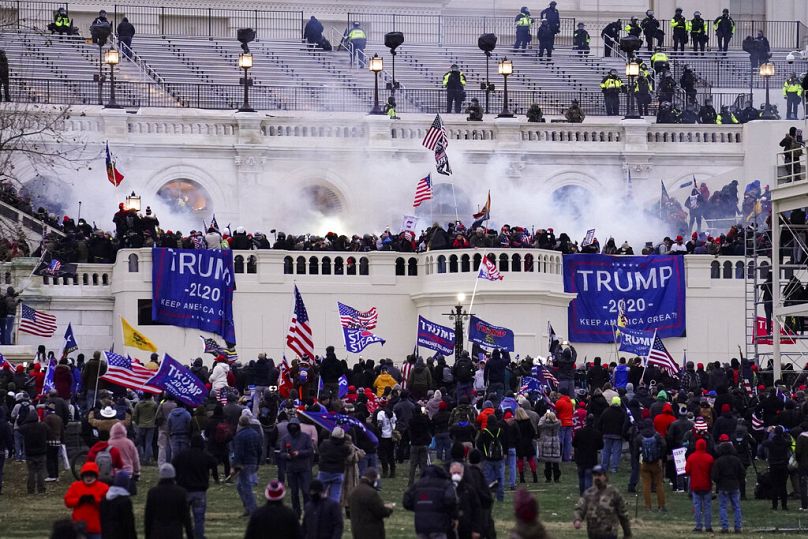 Violent insurrectionists loyal to Donald Trump storm the US Capitol on January 6 2021.