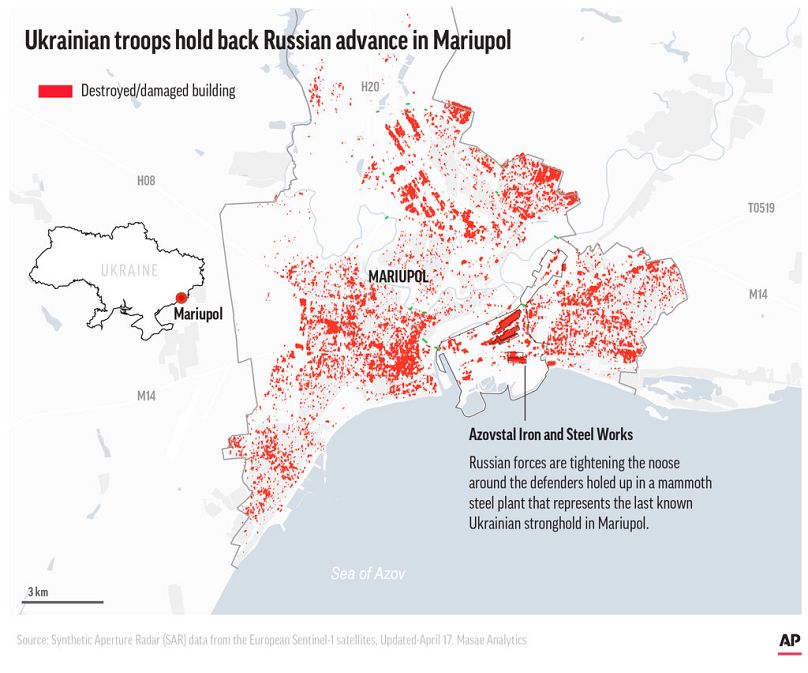 Die Karte zeigt zerstörte oder beschädigte Gebäude in Mariupol.