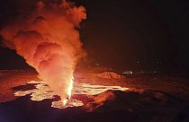 Aerial view of the volcano erupting, north of Grindavík, Iceland, Thursday, Feb. 8, 2024. 