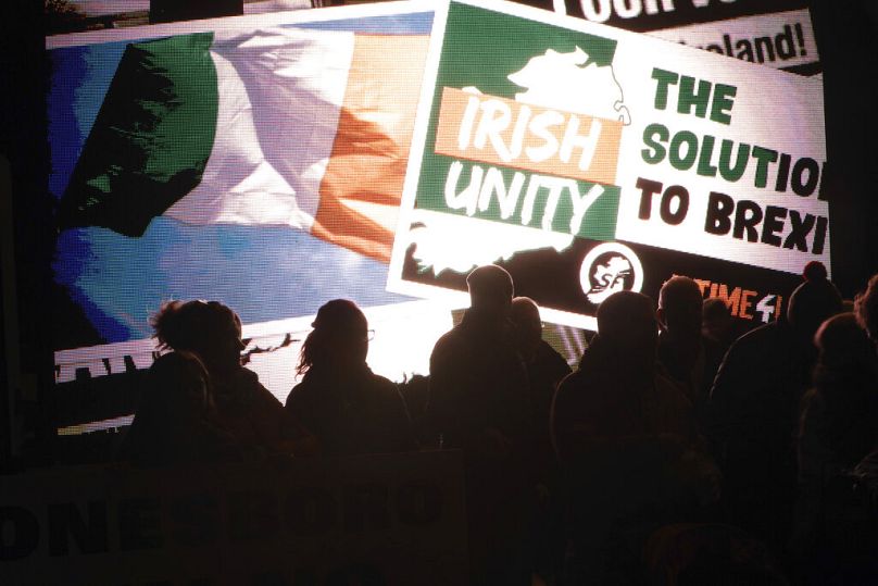 Protesters from the Border Communities Against Brexit group hold a demonstration on the Irish border on the Republic of Ireland side, close to Jonesborough, October 2019