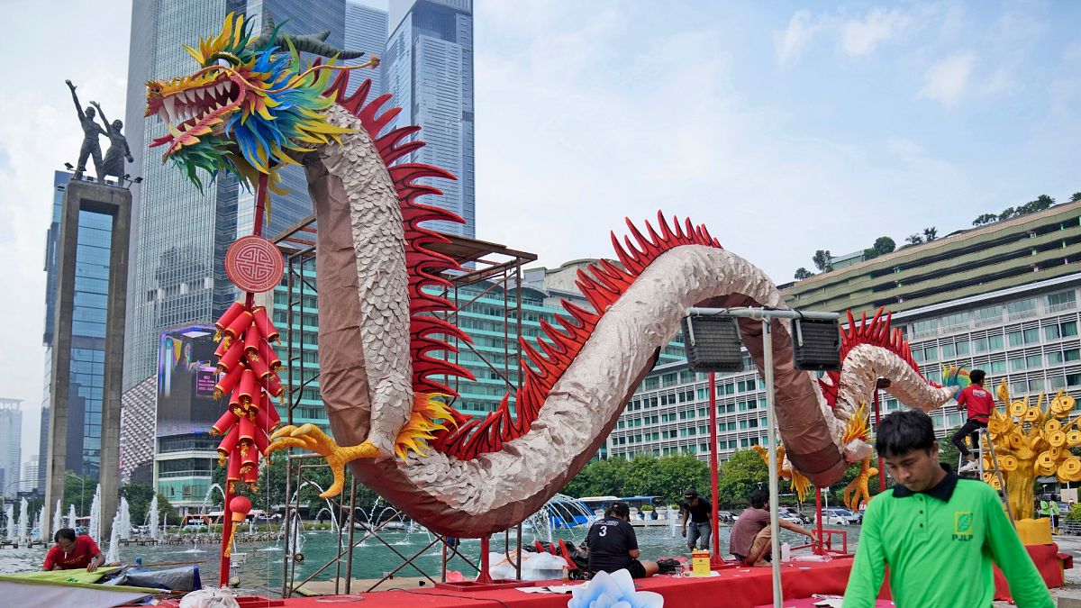Танцор-дракон выступает на церемонии открытия ежегодной ярмарки в Храме Земли