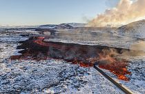  were cut off from heat and hot water after a river of lava engulfed a supply pipeline.  The strength of the eruption had decreased by mid-afternoon, the Met Office said, thou