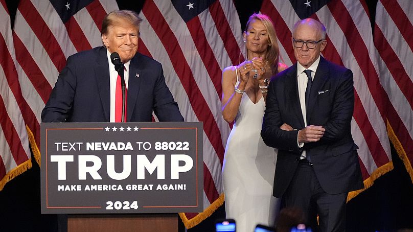 Former President Donald Trump speaks at a caucus night rally in Las Vegas, February 8