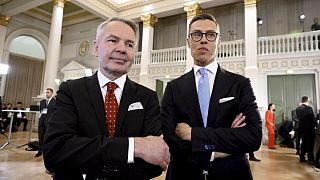 Finland presidential run-off canidates Alexander Stubb, right, and Pekka Haavisto, left