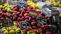 Domestic harvested fruits and vegetables are displayed in Budapest's Grand Market Hall on Saturday, April 8, 2023.