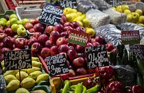 Domestic harvested fruits and vegetables are displayed in Budapest's Grand Market Hall on Saturday, April 8, 2023.