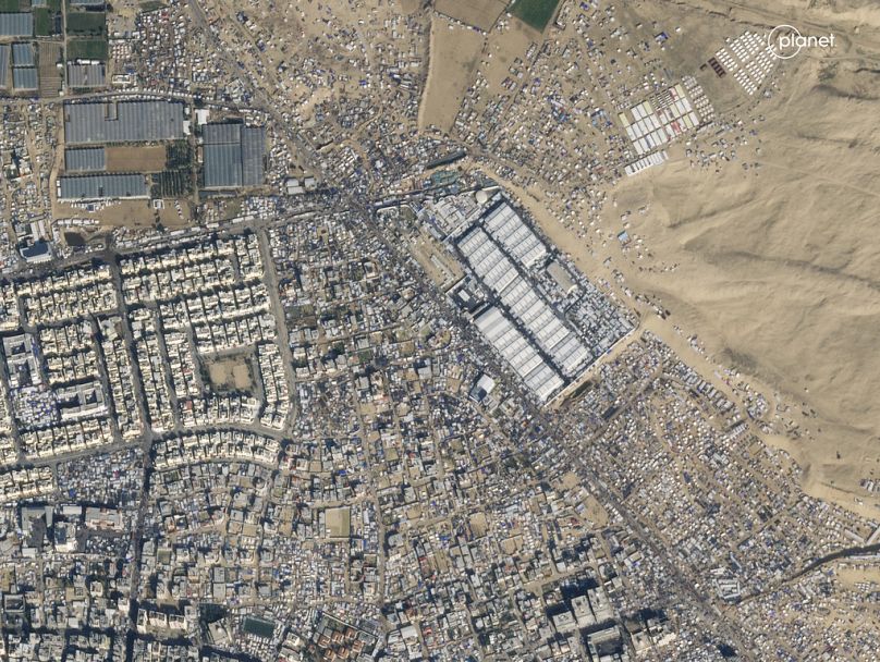 This satellite image provided by Planet Labs PBC shows the southern Gaza town of Rafah on Jan. 14, 2024.