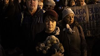 People attend a protest after Hungarian president Katalin Novák issued a pardon in a child sexual abuse case in Budapest, Hungary, Feb. 9, 2024.
