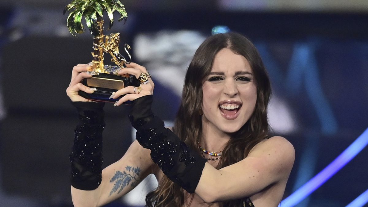 Angelina Mango celebrates after winning the 74th edition of the Sanremo Italian Song Festival. Saturday, Feb. 10, 2024