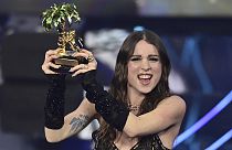 Angelina Mango celebrates after winning the 74th edition of the Sanremo Italian Song Festival. Saturday, Feb. 10, 2024
