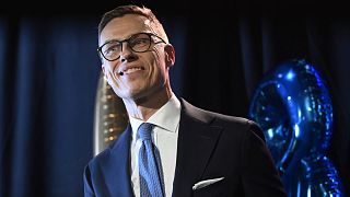 National Coalition Party (NCP) presidential candidate Alexander Stubb reacts as he attends his election reception, in Helsinki, Finland, Sunday, Feb. 11, 2024.