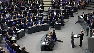 German Chancellor Olaf Scholz speaks during a general debate on the budget at the German parliament Bundestag in Berlin, Germany, Jan. 31, 2024. 
