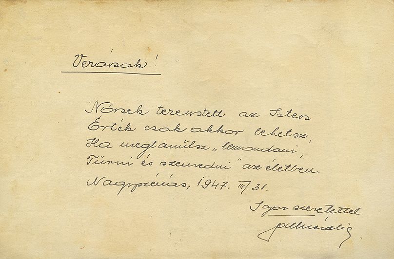 A page from Szombat's grandmother's memory book. It reads: "God made you a woman You can only become of value If you learn to resign, suffer and tolerate in life."
