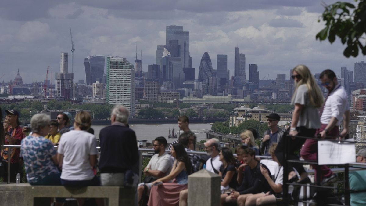 A general view of the skyline of commercial buildings in London, Britain, Wednesday, July 12, 2023. 