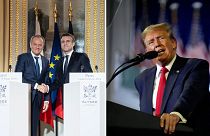 دونالد ترامپ در کارزار انتخاباتی ۲۰۲۴ در سمت چپ، دیدار امانوئل ماکرون و توسک در پاریس، فوریه ۲۰۲۴