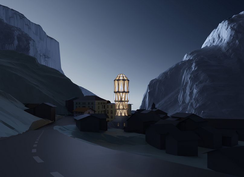 A 3D projection shows the Tor Alva rising up from the Julier mountain pass as night falls.