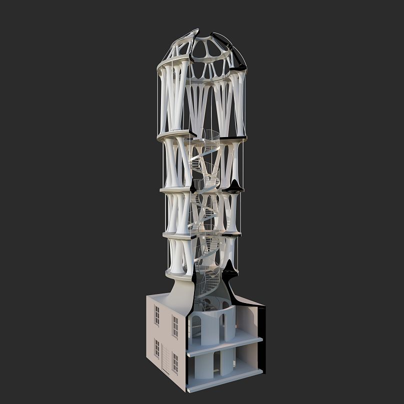 La structure de 30 mètres de haut est composée de 32 colonnes en forme de Y, avec cinq niveaux reliés par un escalier central en colimaçon