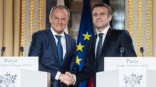 French President Emmanuel Macron, right, and Poland's Prime Minister Donald Tusk at the Elysee Palace in Paris, Monday, Feb. 12, 2024. 