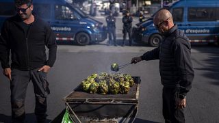 Фермеры готовят артишоки во время блокады главного оптового рынка Барселоны, 13 февраля 2024 г.