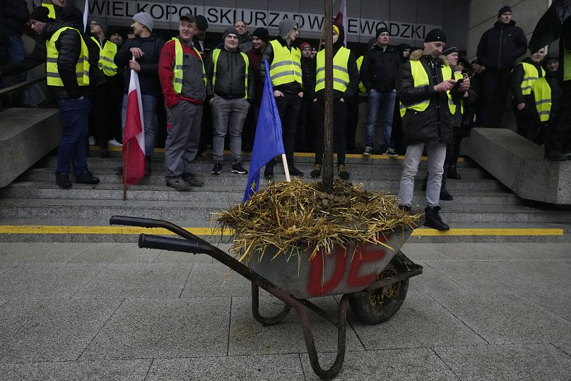Польские фермеры, недовольные импортом дешёвой украинской продукции, припарковали тачку с навозом и флагом ЕС в Познани, февраль 2024 г.,