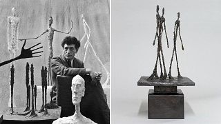 Alberto Giacometti pictured on the left. Three Walking Men by Alberto Giacometti pictured on the right