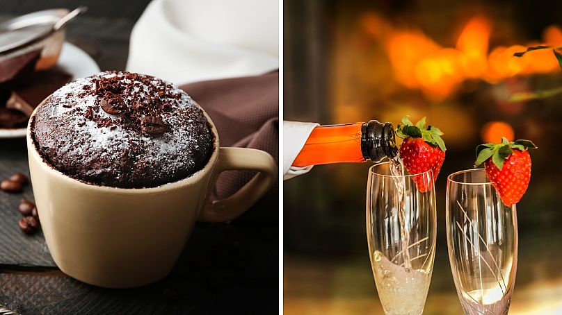 Simple Valentine's Day desserts: Chocolate mug cake or strawberries and champagne.