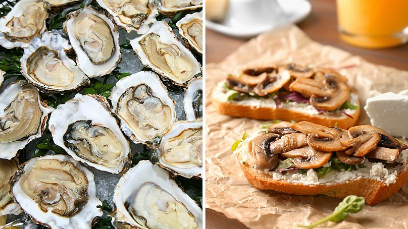 Oysters and mushroom ricotta toast is your Valentine's Day starter.