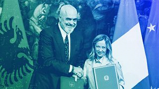 Italy's PM Giorgia Meloni and Albania's PM Edi Rama shake hands after the signing of a memorandum of understanding on migrant management centers, in Rome, November 2023