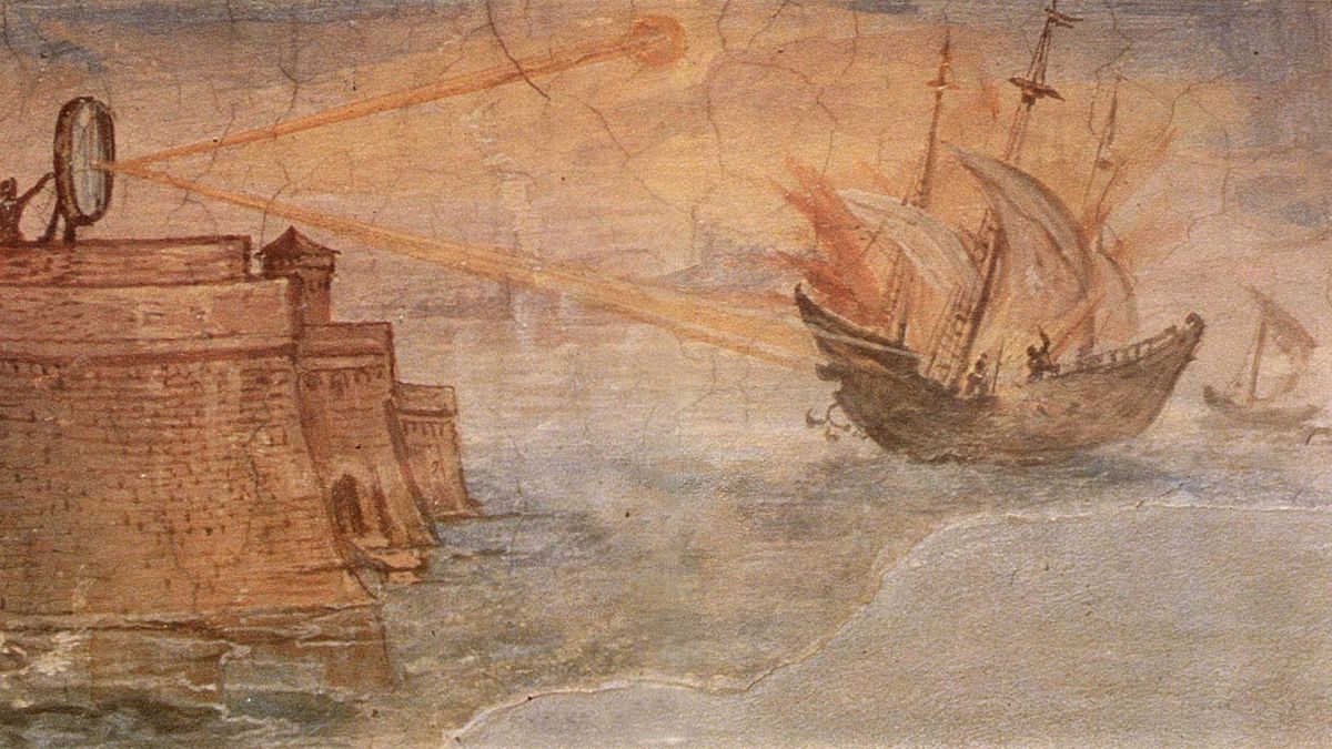 اثر هنری از آینه ارشمیدس برای سوزاندن کشتی های رومی، نقاشی از جولیو پاریجی، ۱۵۹۹ میلادی