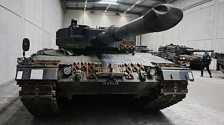 A Leopard 2 tank made by Rheinmetall on the production line