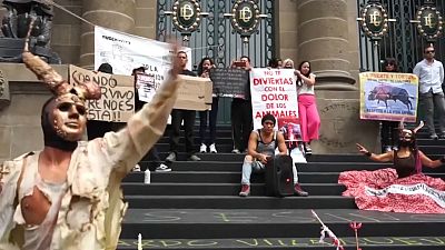 Activistas protestan frente al Congreso en la Ciudad de México.