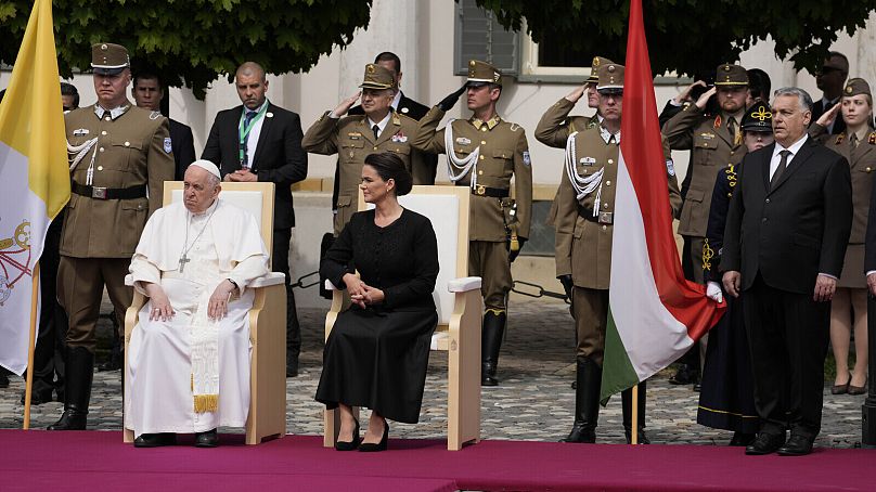 Pope Franci is welcomed by Hungary President Katalin Novák and Prime Minister Viktor Orban in Budapest, April 2023