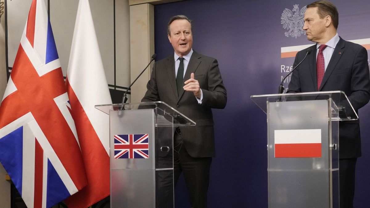  وزير الخارجية البريطاني ديفيد كاميرون (يسار) وزير الخارجية البولندي راديك سيكورسكي، 15 فبراير 2024.