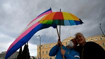 Supporters of same-sex marriage bill take part in a rally, at central Syntagma Square, in Athens, Greece, Thursday, Feb. 15, 2024.