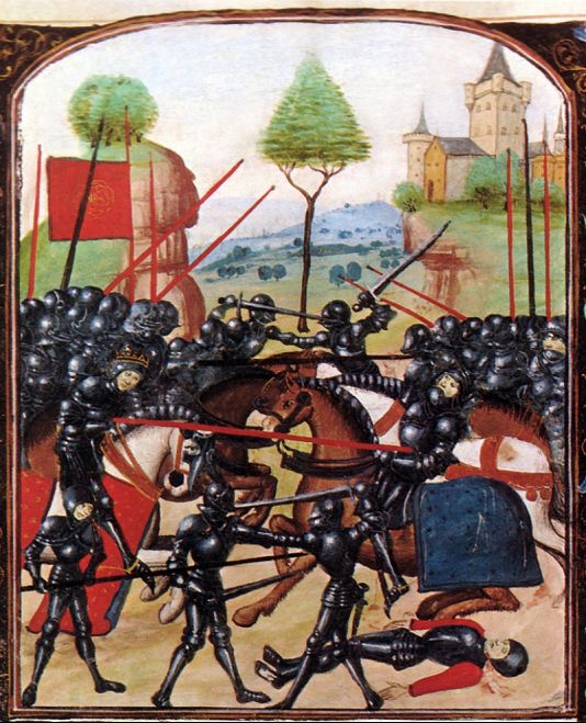A barneti csata képe - az ideális középkori király, IV. Eduárd éppen leszúrja ellenfelét, Warwick grófját (aki valójában nem Eduárd keze által halt meg)