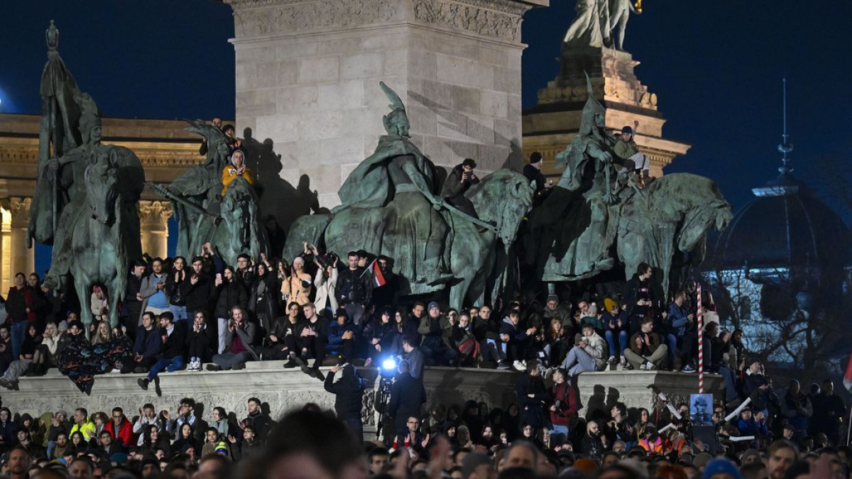 People attend a protest at Heroes' Square in Budapest, Hungary, Friday, Feb 16, 2024