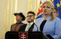Slovakia's President Zuzana Caputova addresses the newly appointed government during a swear in ceremony at the Presidential Palace in Bratislava, Slovakia, on Oct. 25, 2023. 