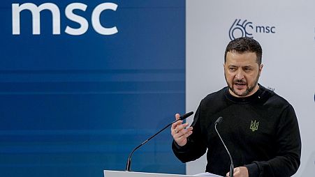 Ukrainian President Volodymyr Zelenskyy delivers a speech at the Munich Security Conference at the Bayerischer Hof Hotel in Munich, Germany, Feb. 17, 2024.