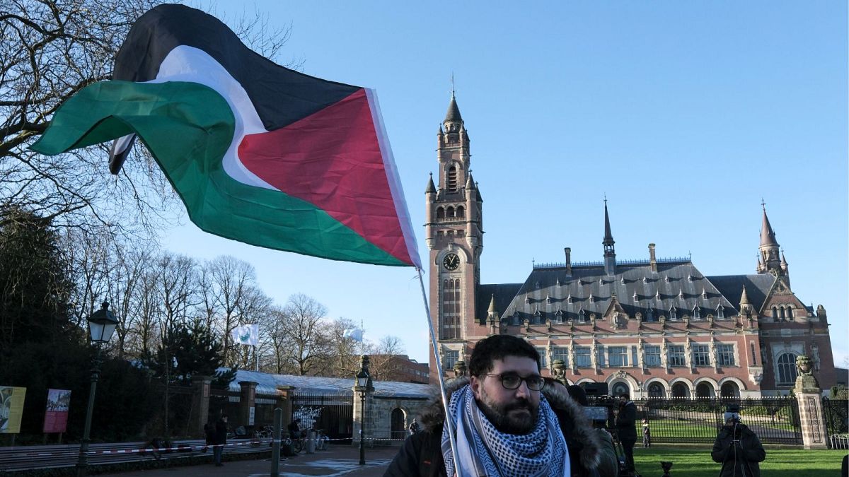 معترض فلسطینی در برابر مقر دیوان بین‌المللی دادگستری در لاهه هلند