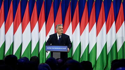 Hungary's Prime Minister Viktor Orban delivers his annual "State of Hungary" speech in Budapest, Hungary, Saturday, Hungary's Prime Minister Viktor Orban delivers his annual "State of Hungary" speech in Budapest, Hungary, Saturday,