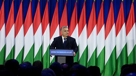 Hungary's Prime Minister Viktor Orban delivers his annual "State of Hungary" speech in Budapest, Hungary, Saturday,
